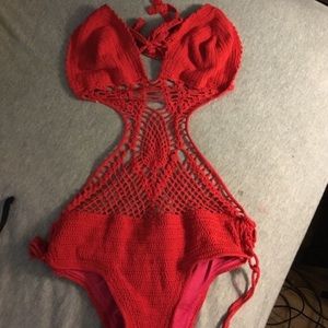 Miami styles red crochet one piece